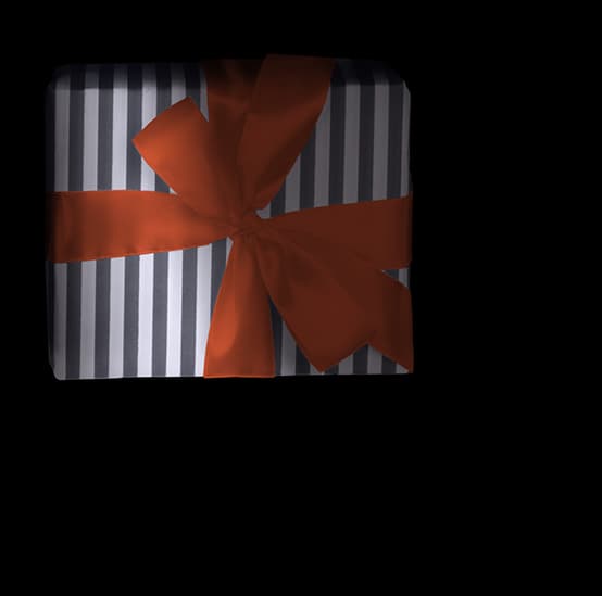 Kerstcadeau in een blauw wit gestreepte verpakkking met een orange gestrikte lint